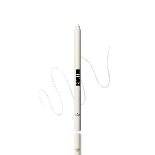 WHITE GEL EYELINER PENCIL WITH SCRIBBLED SWATCH IN THE BACKGROUND