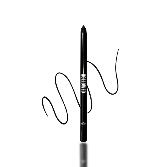 BLACK GEL EYELINER PENCIL WITH SCRIBBLED SWATCH IN THE BACKGROUND