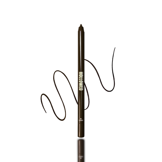 BROWN GEL EYELINER PENCIL WITH SCRIBBLED SWATCH IN THE BACKGROUND