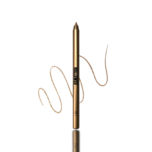 SHIMMERY CHAMPAGNE GEL EYELINER PENCIL WITH SCRIBBLED SWATCH IN THE BACKGROUND